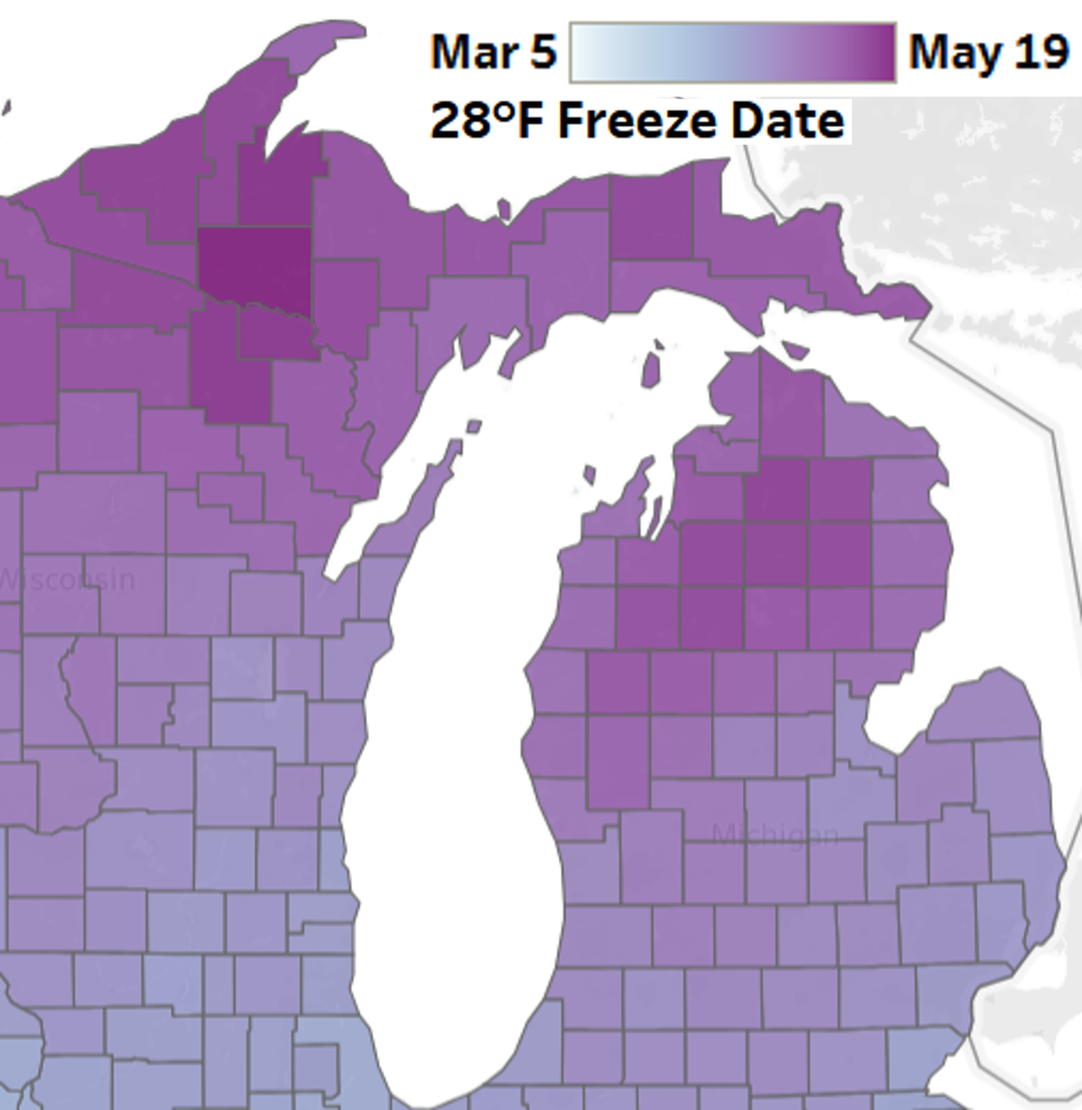purple map of Michigan showing freeze dates